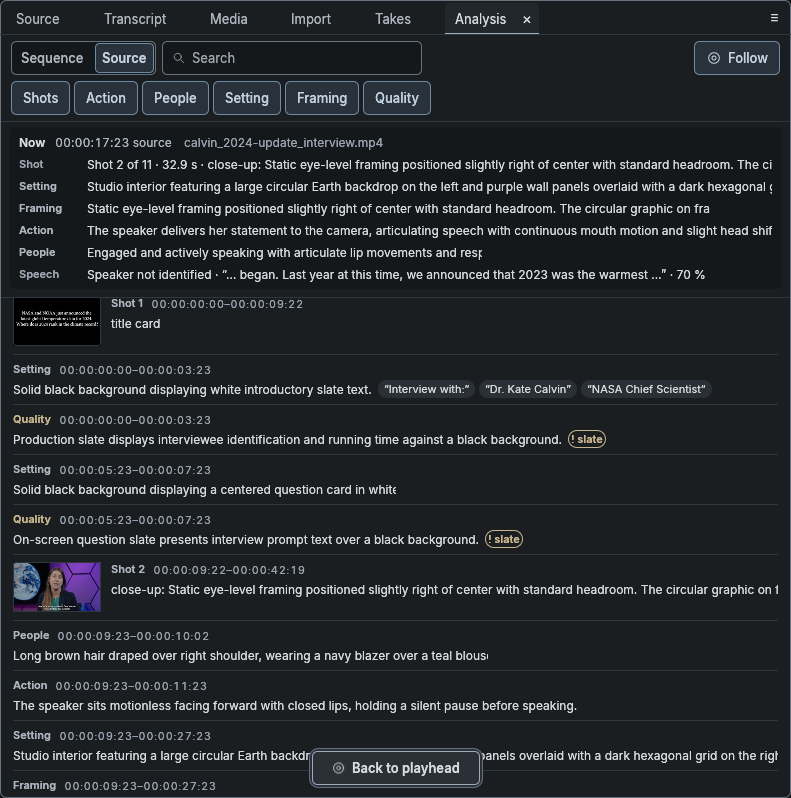Actual ava-edit Analysis panel describing the NASA interview's shot, setting, framing, actions, and speech
