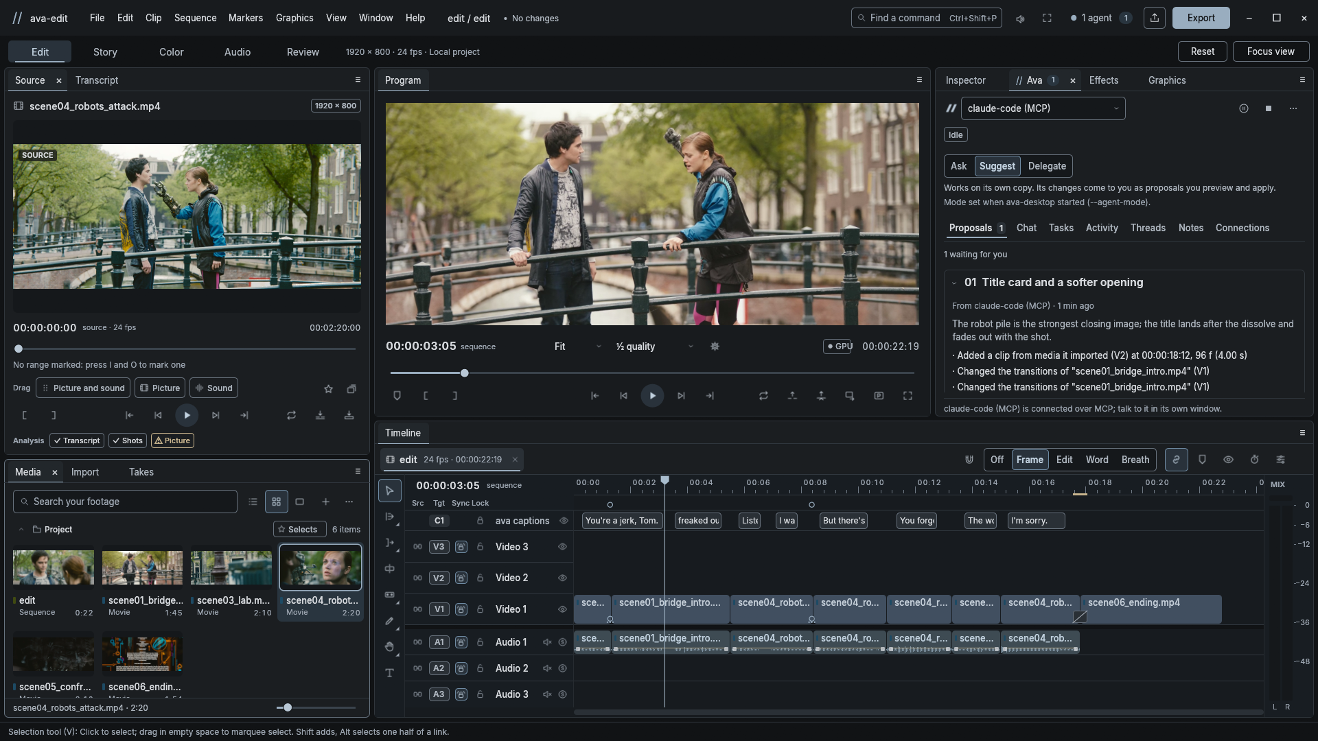 Actual ava-edit editor showing a Tears of Steel sequence, caption tracks and an agent proposal titled Title card and a softer opening