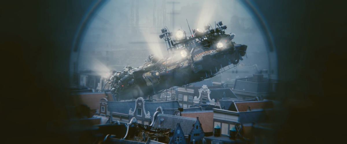 A futuristic ship over the city