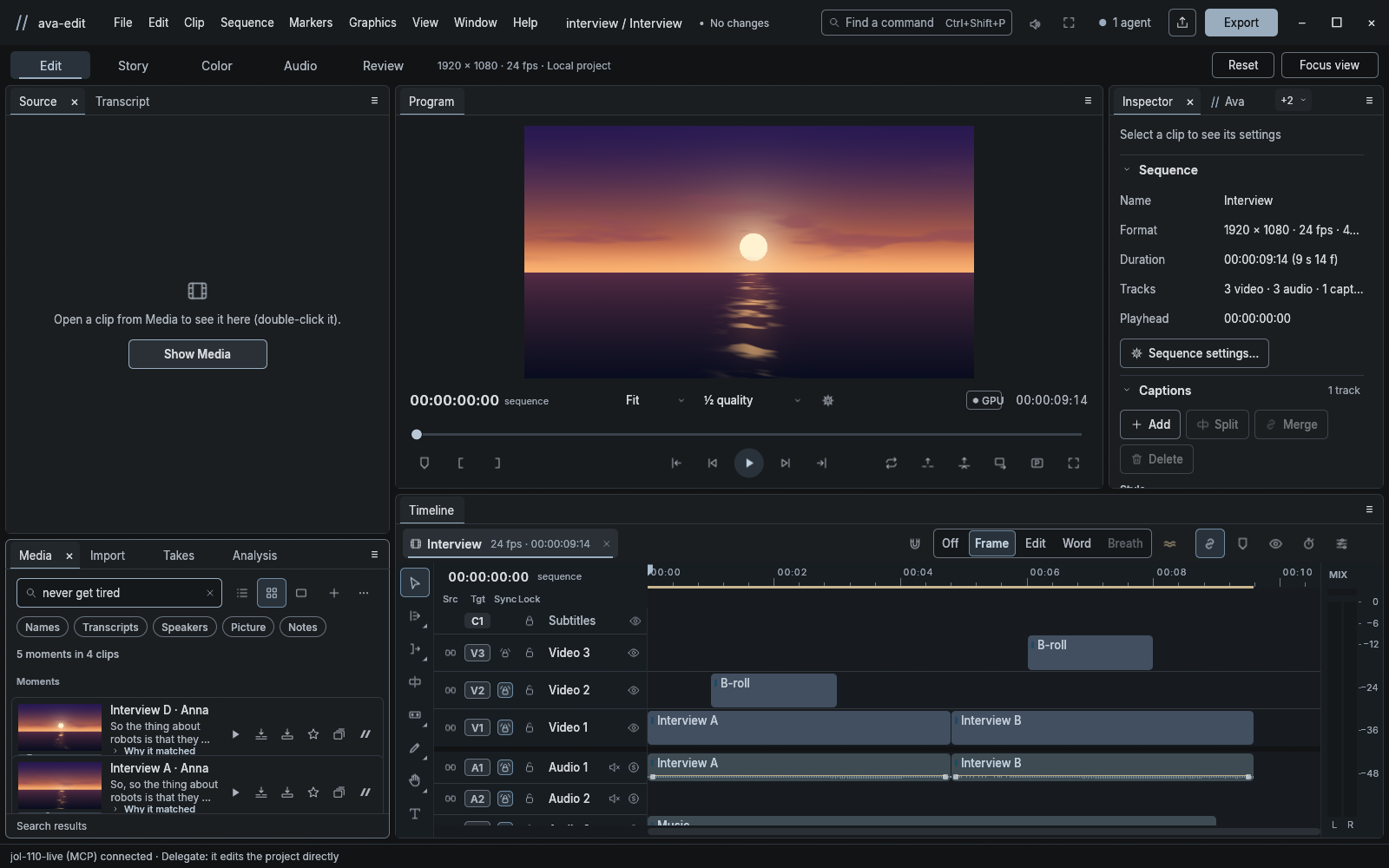ava-edit search results matching transcript moments across original demo clips