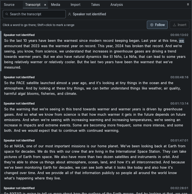 Actual ava-edit Transcript panel with Kate Calvin's interview transcribed and the current word highlighted