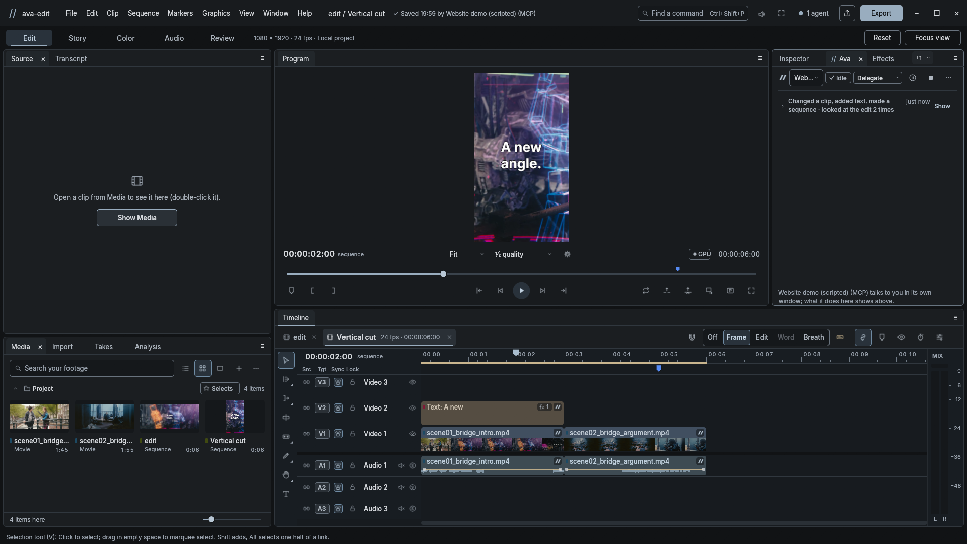 Actual ava-edit desktop showing a vertical sequence with a title, created by direct MCP edits